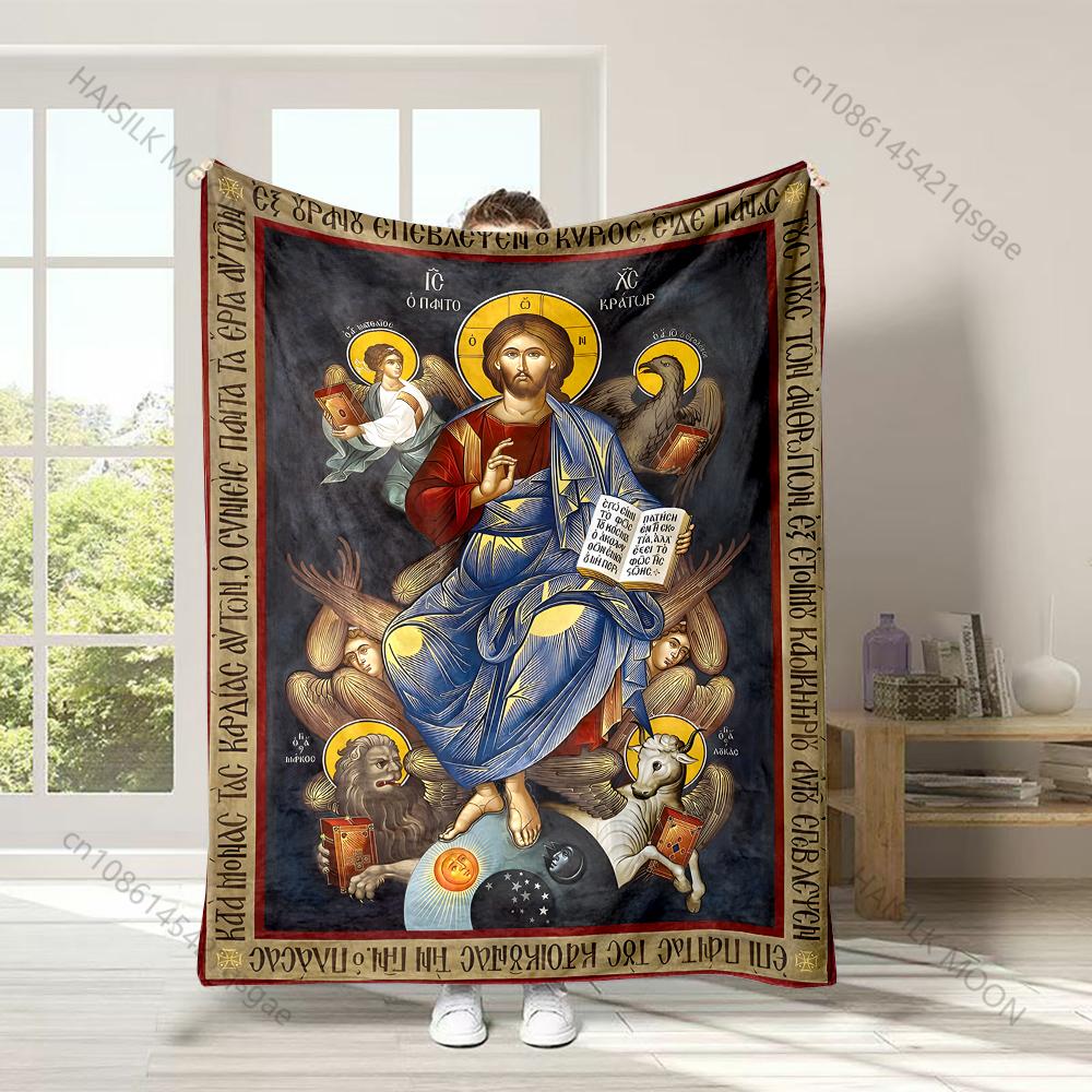 Christ icon surrounded by four creatures Faith-printed Flannel Blanket Soft Warm Suitable for Home Travel Picnics Camping RV