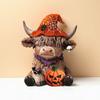 High Land Cow Holding Skull Pumpkin Statue Unique Holiday Gift Handcrafted Resins Figurine Halloween Tabletop Display