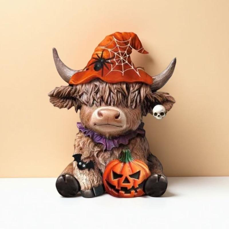 High Land Cow Holding Skull Pumpkin Statue Unique Holiday Gift Handcrafted Resins Figurine Halloween Tabletop Display