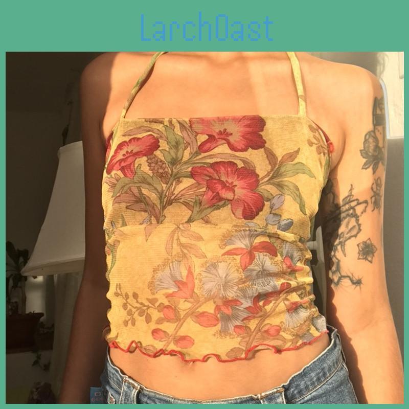 Ladies Sexy Floral Summer Vest Printing Mesh Perspective Crop Tops Cross Halter Neck Backless Ruched Slim Camisoles Y2k Street