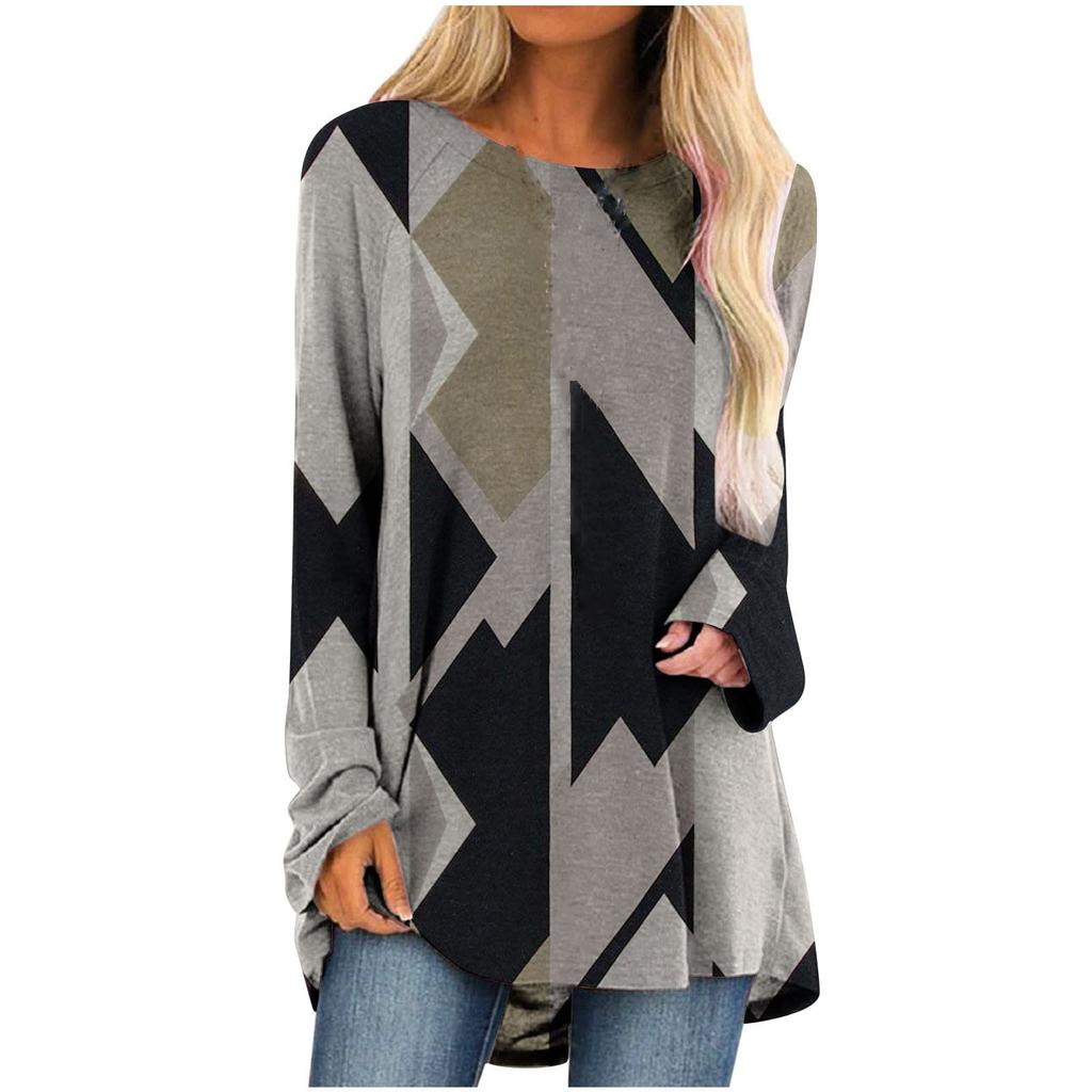 Women's Fashion Casual Irregular Patchwork Color Print Loose Medium Long Long Sleeve Top