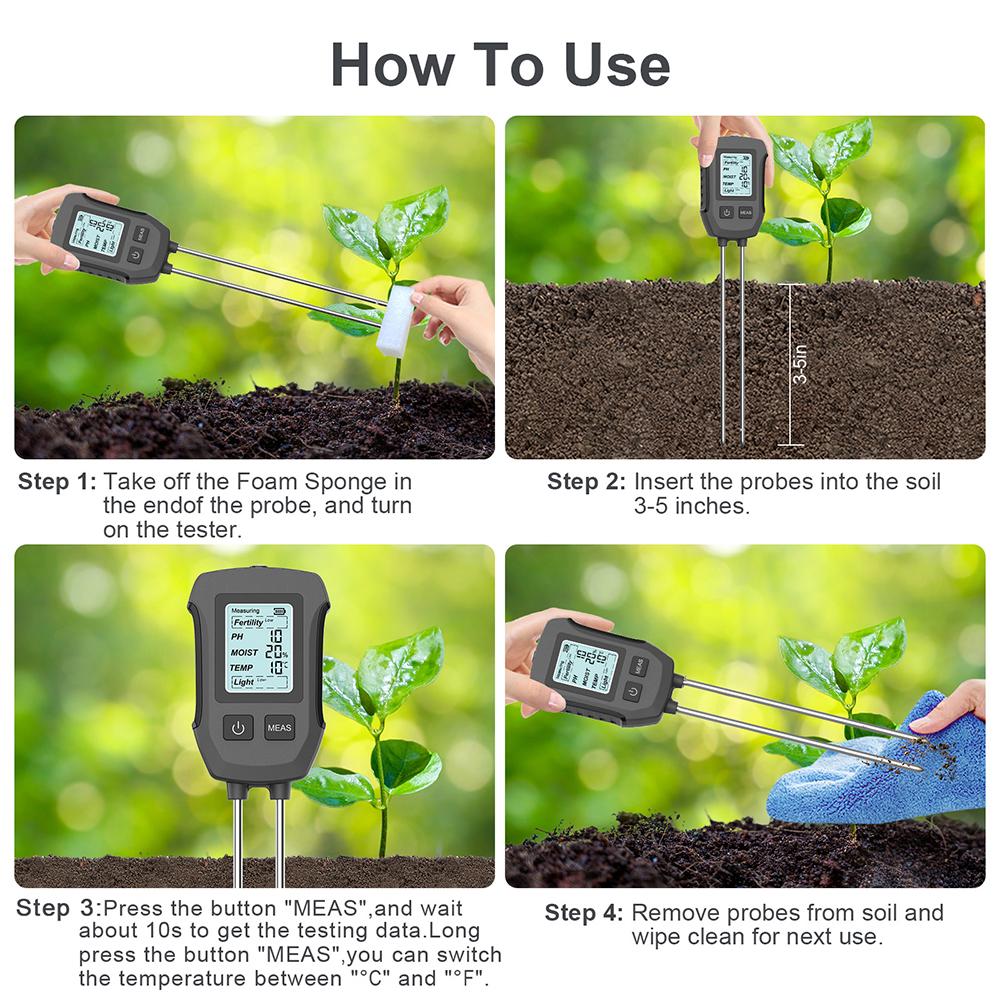 Dual-needle Soil Tester 3/5 in 1 Soil PH Meter Multifunctional Fertility/Moisture/PH/Temp/Sunlight Detector with Backlight