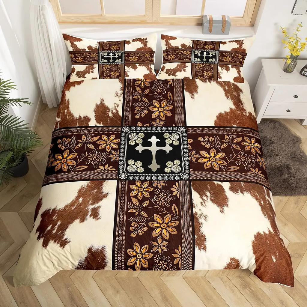 Пододеяльник с коровьим принтом Queen Vintage Floral Комплект постельного белья для девочек, мальчиков, мужчин, в стиле вестерн, фермерское животное, бычья шкура, одеяло