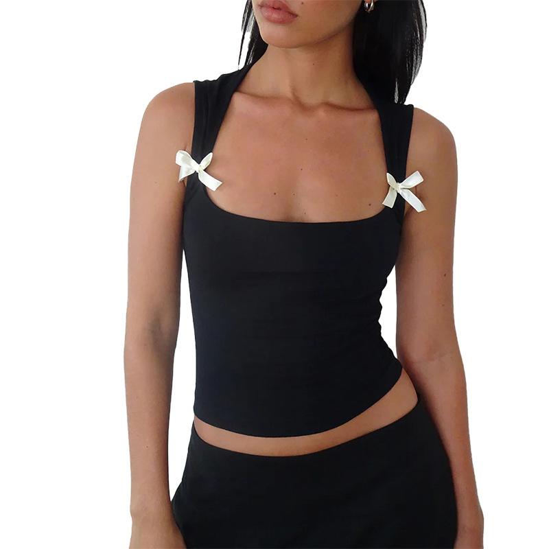 Y2K Women'S Bow Tie-Up Tank Tops Wide Shoulder Straps Bandage Camisole Sexy Low Cut Crop Tops Female Vest Tops