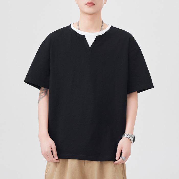 Летняя новая футболка с коротким рукавом, мужская свободная футболка с V-образным вырезом, футболка-обманка из двух частей, свободный японский ретро-стиль