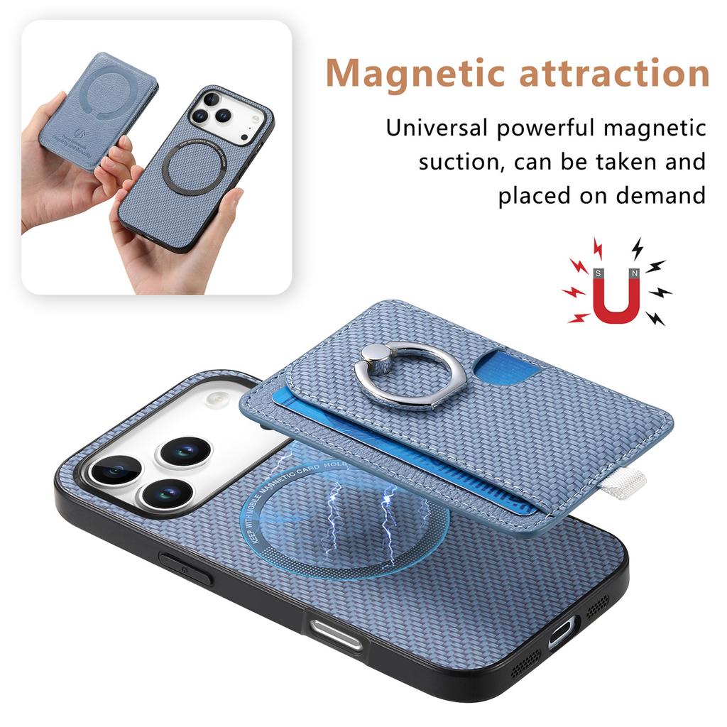 For iPhone 17 Pro Case Ring Kickstand Leather Back Cover with Magnetic Detachable Card Holder