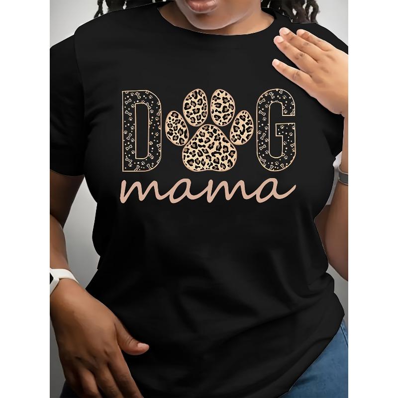 Стильная футболка "DOG Mama" в леопардовом принте, европейский размер - Женская повседневная футболка с коротким рукавом и круглым вырезом, можно стирать в машине, черная с рисунком лапы