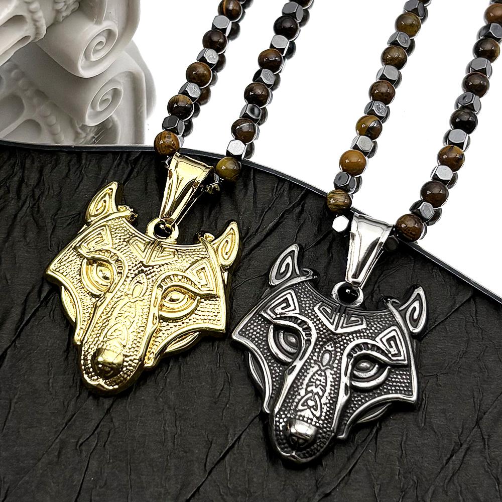 Nordic Wolf Head Viking Pendant Necklace Stainless Steel Gold Tiger Eye Stone Jewelry Gift for Men Women