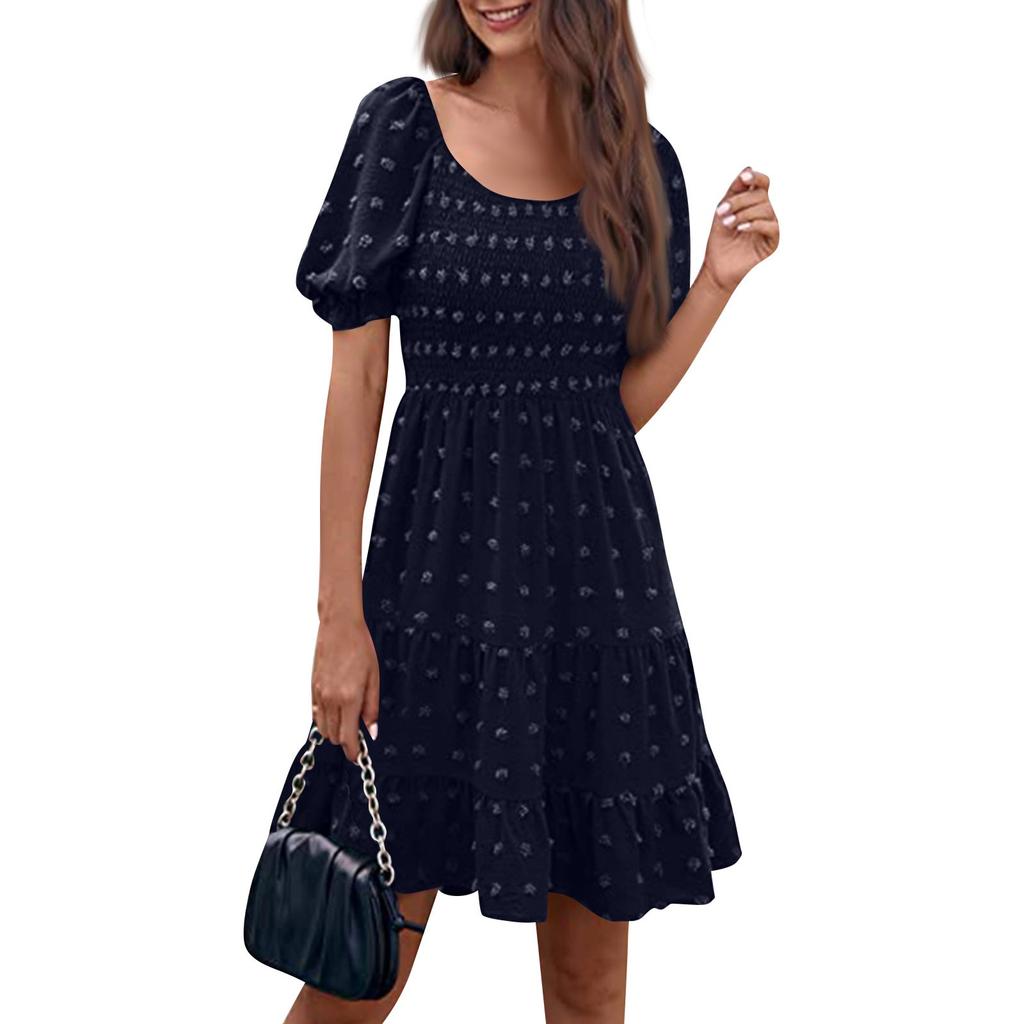 Женские модные повседневные однотонные платья с квадратным вырезом и коротким рукавом в горошек