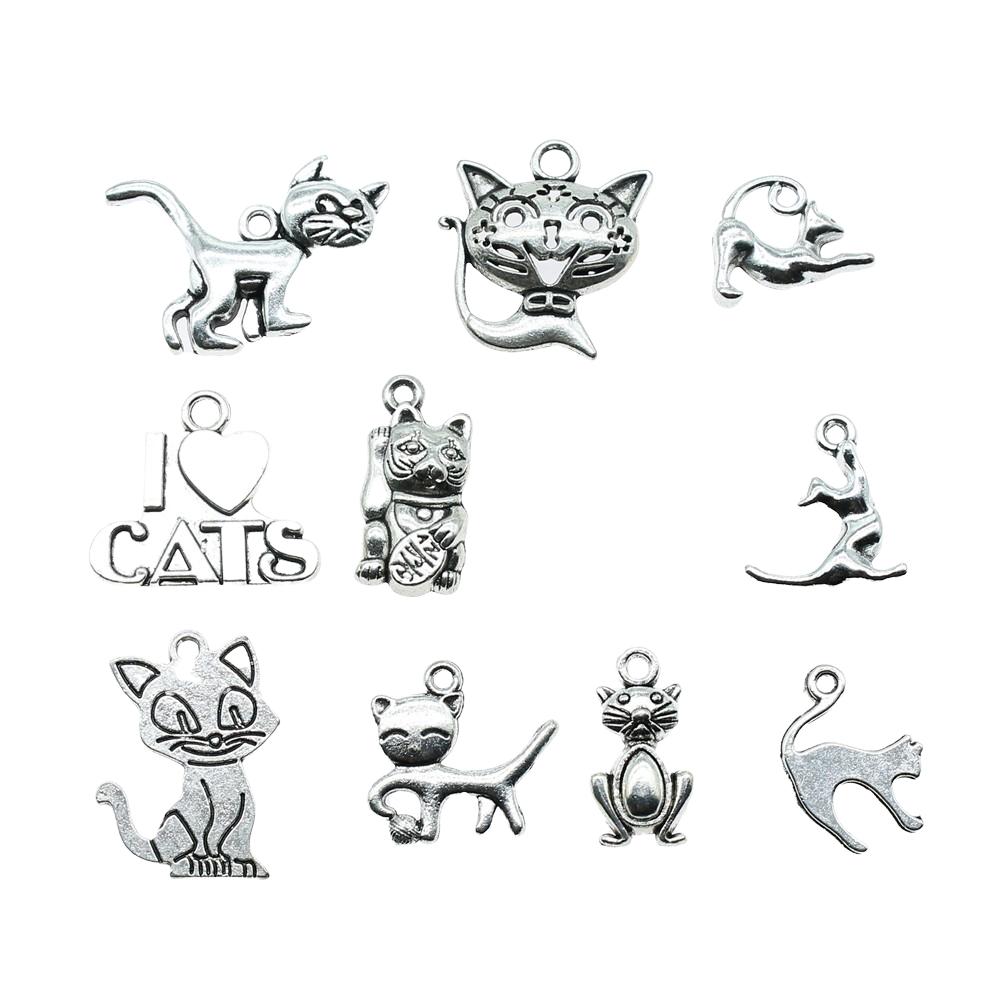 10pcs Charms Cat Antique Silver Color Cute Cat Pendant Charms Kawaii Cat Charms For Jewelry Making