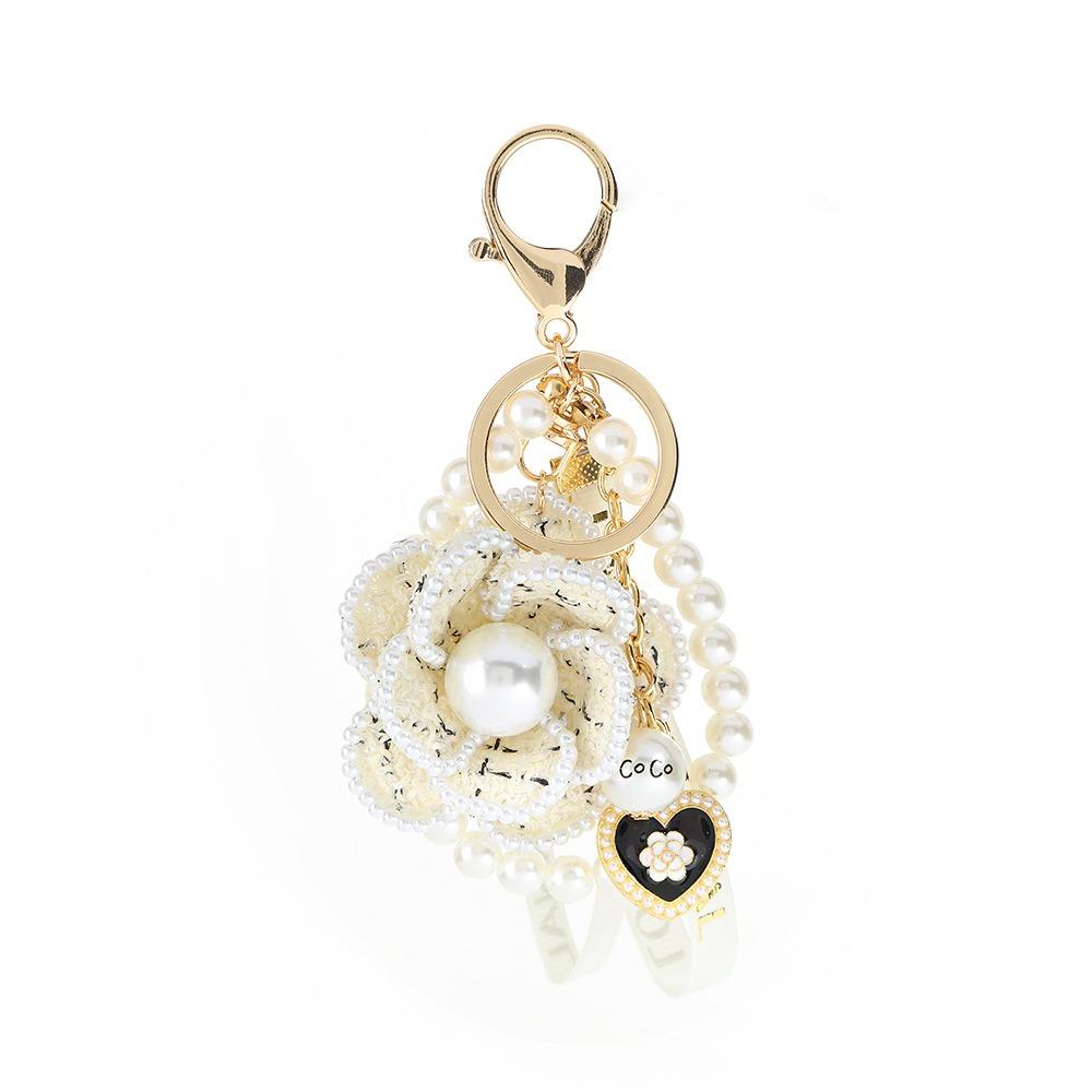 Korean Camellia Flower Keychain Letter Bag Hanging Pendant Fashion Car Key Ring  Girl