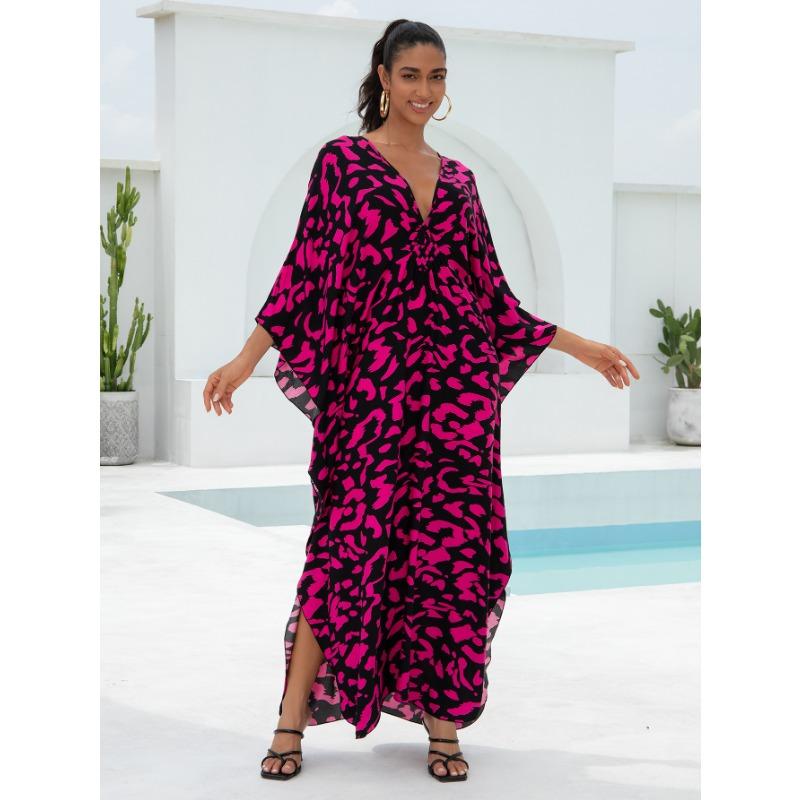 Plus Size Boho Cover Up, Women's Plus Painting Print Bat Sleeve V Neck Split Hem Maxi Cover Up Dress