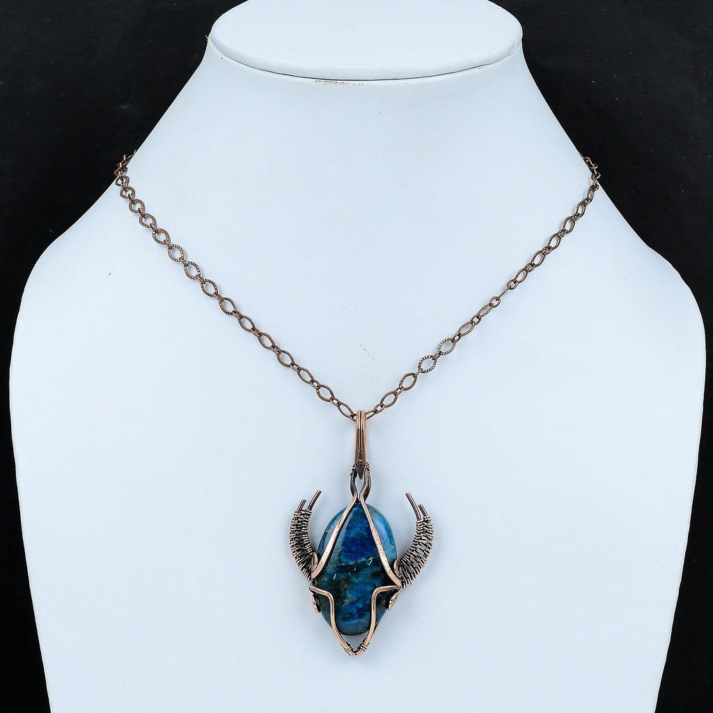 Медный кулон с неоновым апатитом, медная проволока, кулон, медные украшения ручной работы, изящный кулон в форме лица быка, ювелирные изделия из драгоценного камня, подарок для него