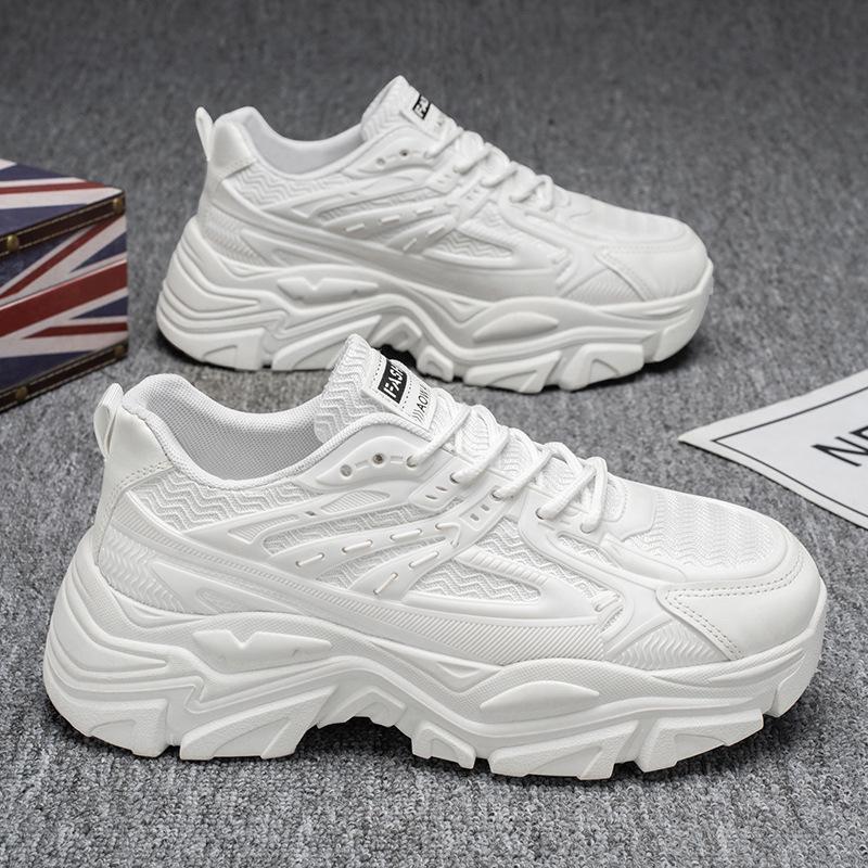 Модная мужская обувь Весна и Осень Чисто белые на толстой подошве Кроссовки для папы Мужские повседневные кроссовки с увеличением роста Маленькие белые туфли