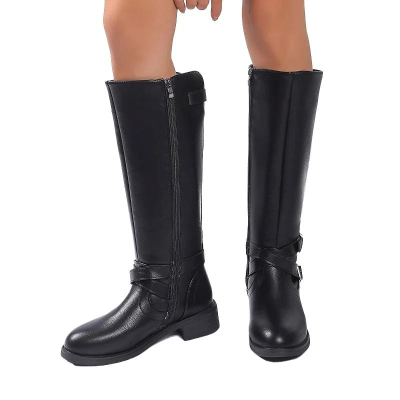 Женская обувь 2024 года, женские сапоги с боковой молнией, модные современные сапоги с пряжкой на ремне, женские новые сапоги до колена на круглом носке и квадратном каблуке
