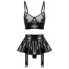 Womens Two Piece Patent Leather Lingerie Set Mesh Underwire Bra Ruffle Miniskirt Garter Belt Clubwear