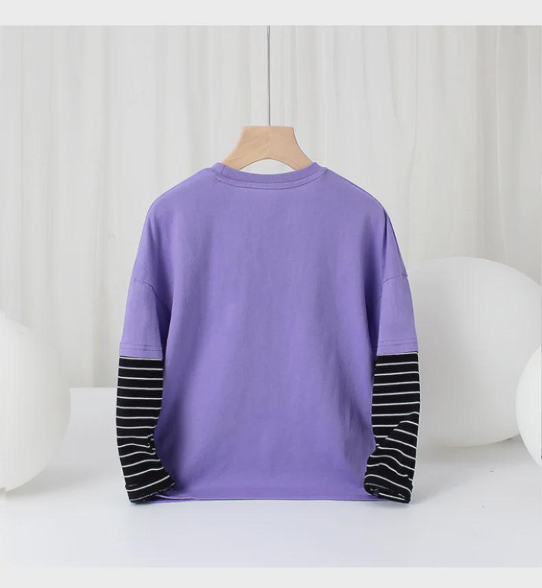 Футболки из двух частей для детей в корейском стиле с длинными рукавами и круглым вырезом для мальчиков на весну и осень