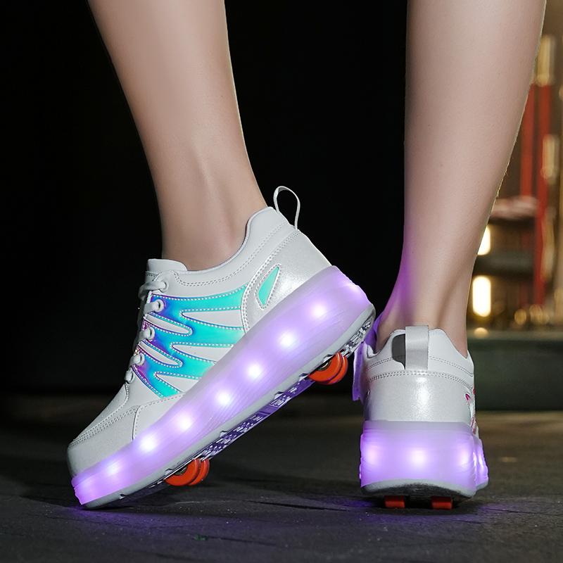 Четырехколесные детские туфли Heely с колесами, спортивная обувь с зарядкой через USB, светодиодная спортивная обувь для девочек, роликовые коньки