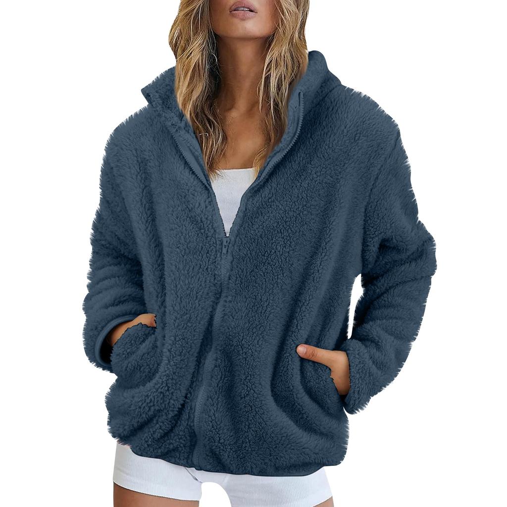Women's Solid Color Fashionable Winter Loose High Neck Long Fleece Plush Warm Zipper Jacket