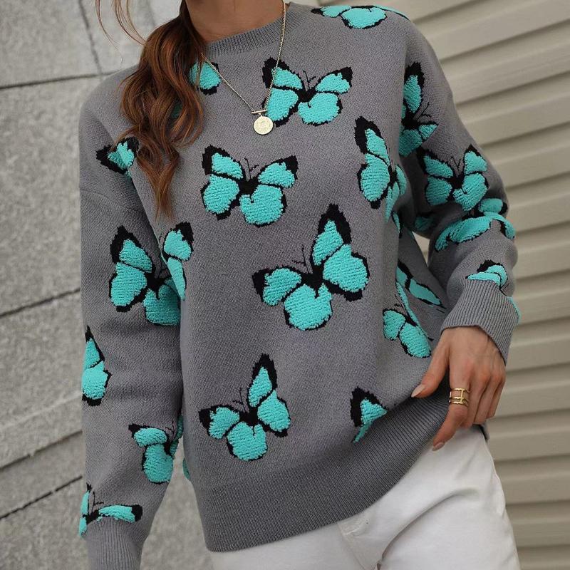 IHUASU Winter Printed Butterfly O-Neck Women's Loose Plus Size Knitwear Pullover Sweater