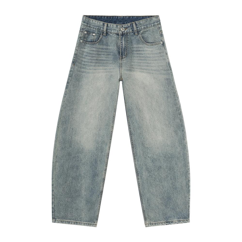 Men's Korean Style Simple Wide Leg Jeans with 3D Curved Blade Wash, Four-Season Casual Trendy Pants