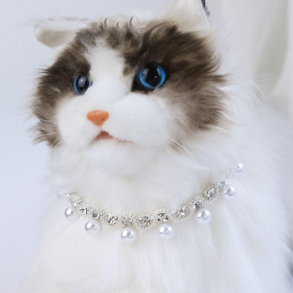 Товары Товары для кошек Регулируемое жемчужное ожерелье Ошейник с жемчугом для домашних животных Украшения для кошек Колокольчик для собак со стразами