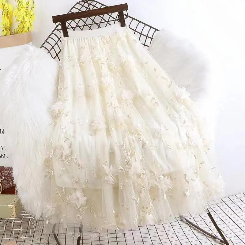 Сетчатая юбка с цветочной аппликацией, повседневная юбка с эластичной резинкой на талии, женская одежда