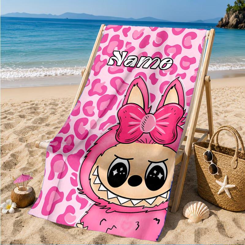 Custom Name Beach Towel Pink Labubu Cute Theme Microfiber Beach Towel, Lightweight for Summer Travel, Swimming Pool Fan Birthday Gift