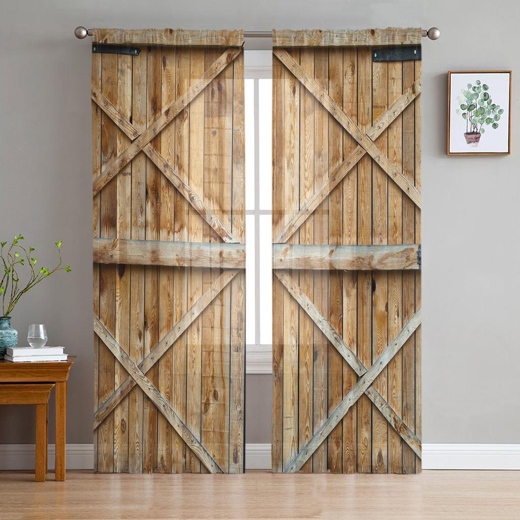 Wooden Door Stone Wall Shabby Retro Tulle Curtains for Living Room Decoration Modern Chiffon Sheer Voile Kitchen Bedroom Curtain