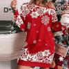 Women Fall Winter Dress Hollow Out One Shoulder Loose Snowflake Print Color Matching Christmas Style Long Sleeve Above Knee Length Mini Dress