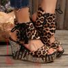 Women's Leopard Print Platform Wedge Sandals - Ultra-High Thick Heel with Golden-Tone Block Heel, Faux Cover Upper &, Zipper Closure