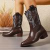 Fashion Women's Western Style Mid-Calf Boots Brown Retro Embroidered PU Leather Boots Woman Pointed Toe Chunky Heel Cowboy Botas Mujer