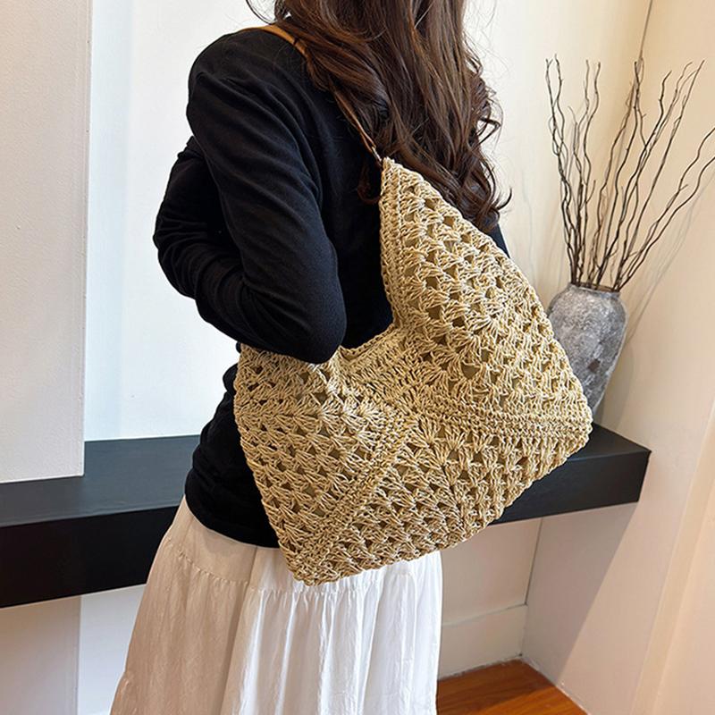 Летняя соломенная вязаная сумка, ажурная сумка-тоут, однотонная пляжная сумка через плечо, праздничная дорожная сумка, сумка через плечо в стиле бохо для женщин