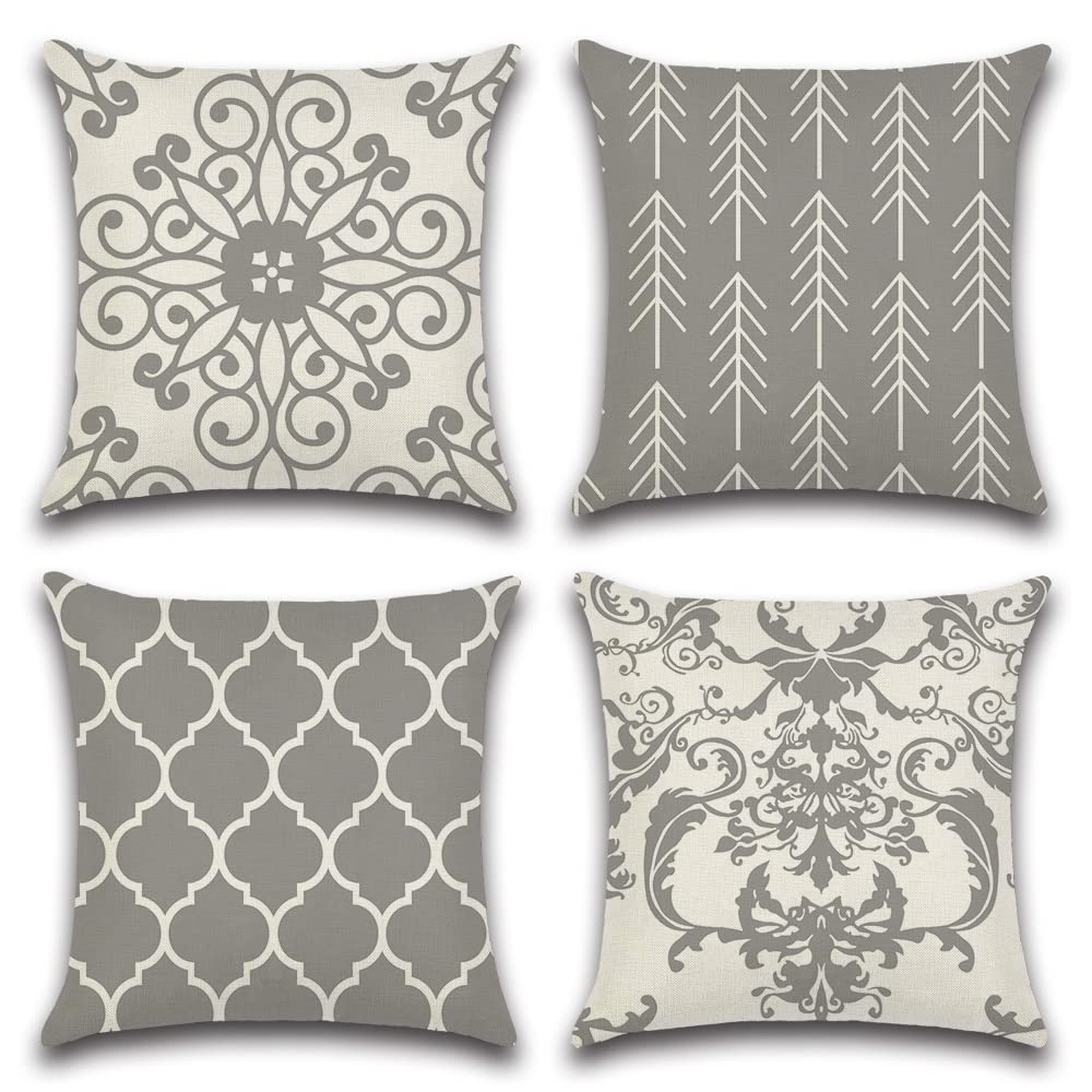 4 Pack Grey White Geometric Damask Pillow Covers Double Sided Print Decor Cushion Cases Farmhouse Home Decor For Sofa Bedroom