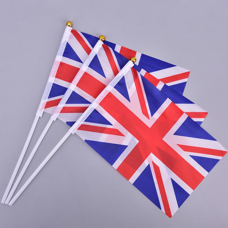 10Pcs Hand Held Wave Union Jack Flag Party Celebration Britain Uk Banner + Pole