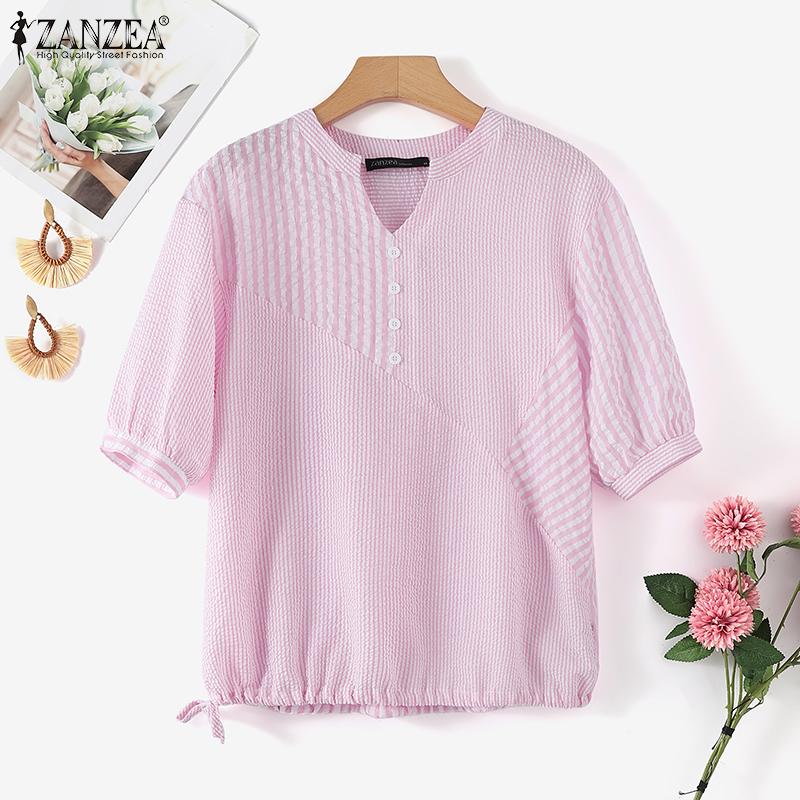 ZANZEA Женская повседневная свободная блузка с v-образным вырезом в полоску и половиной рукава