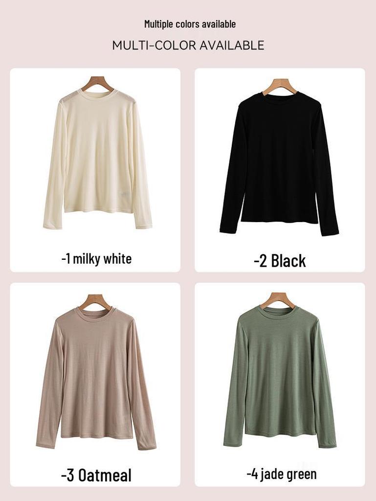 Осень 2025 Приталенная футболка с круглым вырезом из шелковой шерсти - Теплая, приятная к коже, однотонная