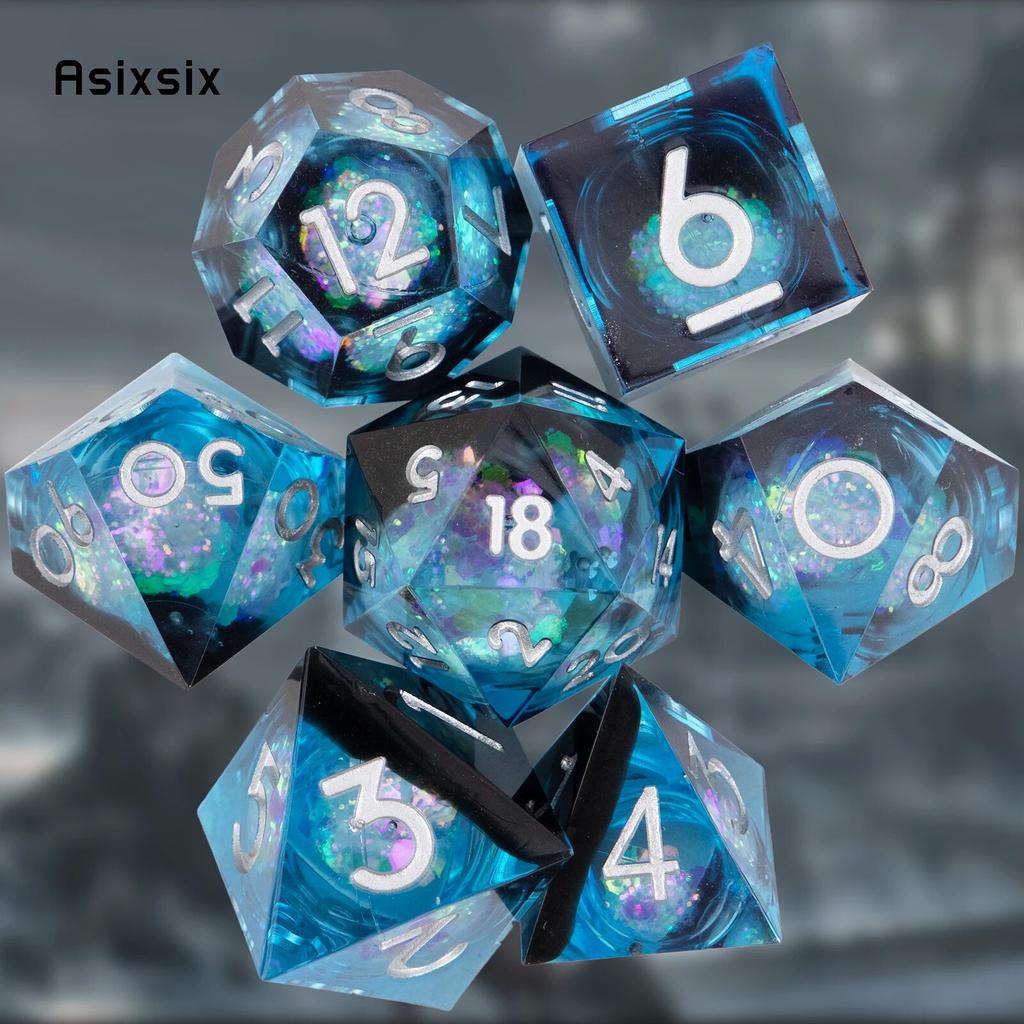 7 Pcs Blue Flowing Sand White Number Sharp Edge Resin Dice Polyhedral Dice Suitable for Role-Playing RPG Board Game
