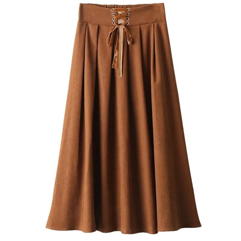 Винтажная женская юбка трапециевидного силуэта с высокой талией, эластичная плиссированная юбка средней длины на шнуровке, весна и осень