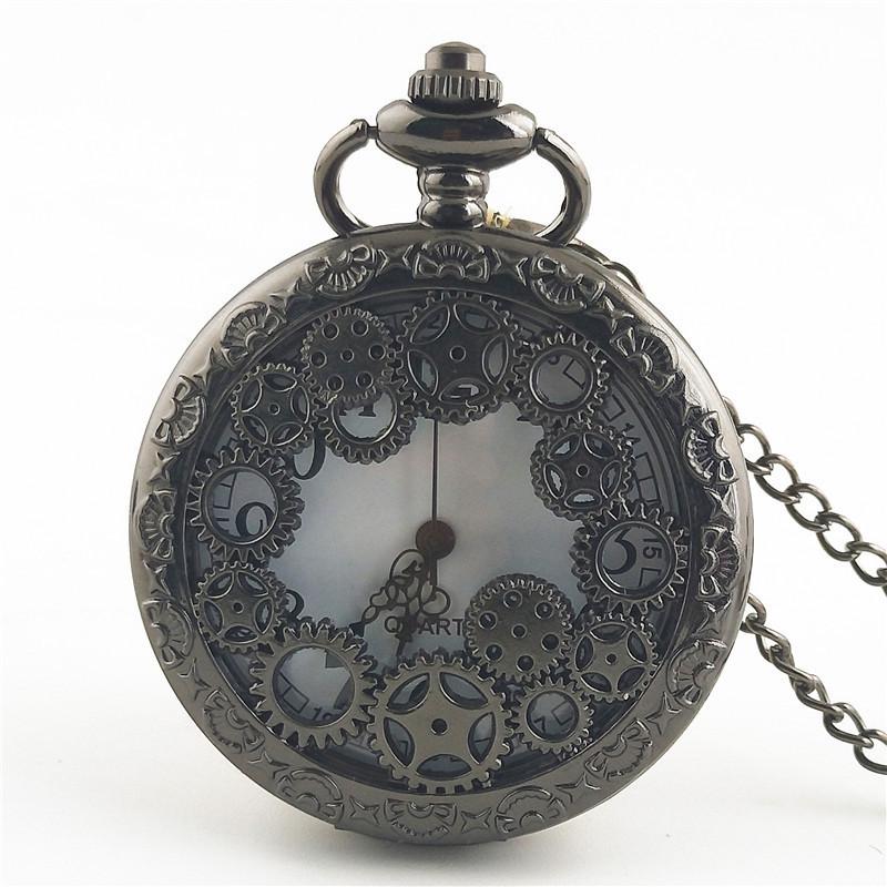 Steampunk Copper Vintage Hollow Gear Hollow Quartz Pocket Watch Necklace Pendant Clock Chain Men Women