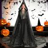 Women Tulle Hooded Cape with Long Train Sparkling Long Sheer Elf Cloak Gothic Witch Robe Costume for Wedding Bride Halloween Cosplay