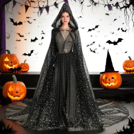 Women Tulle Hooded Cape with Long Train Sparkling Long Sheer Elf Cloak Gothic Witch Robe Costume for Wedding Bride Halloween Cosplay