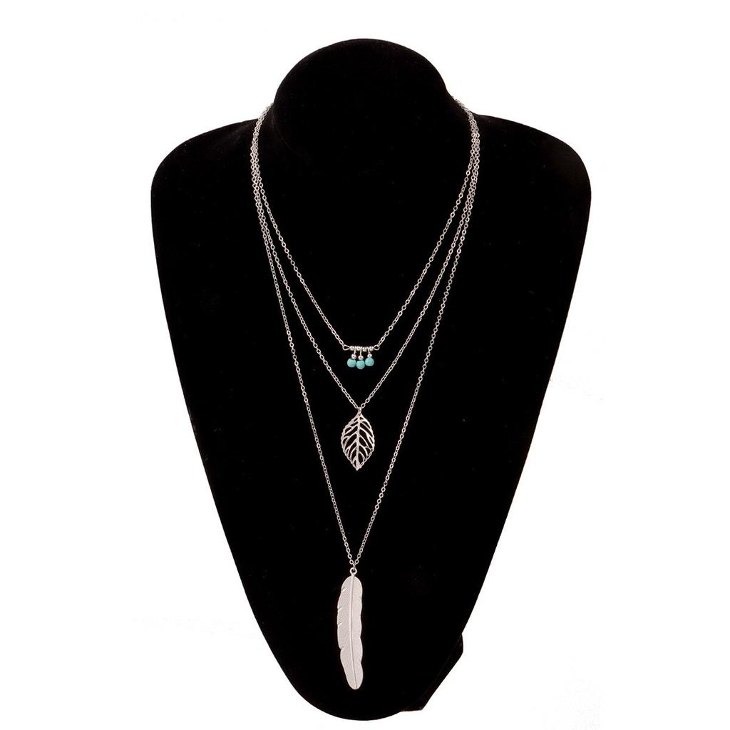 Fashion Leaf Feather Pendant Multilayer Necklace Silver Handmade Turquoise Beaded Long Sweater Chain Ladies Party Accessories