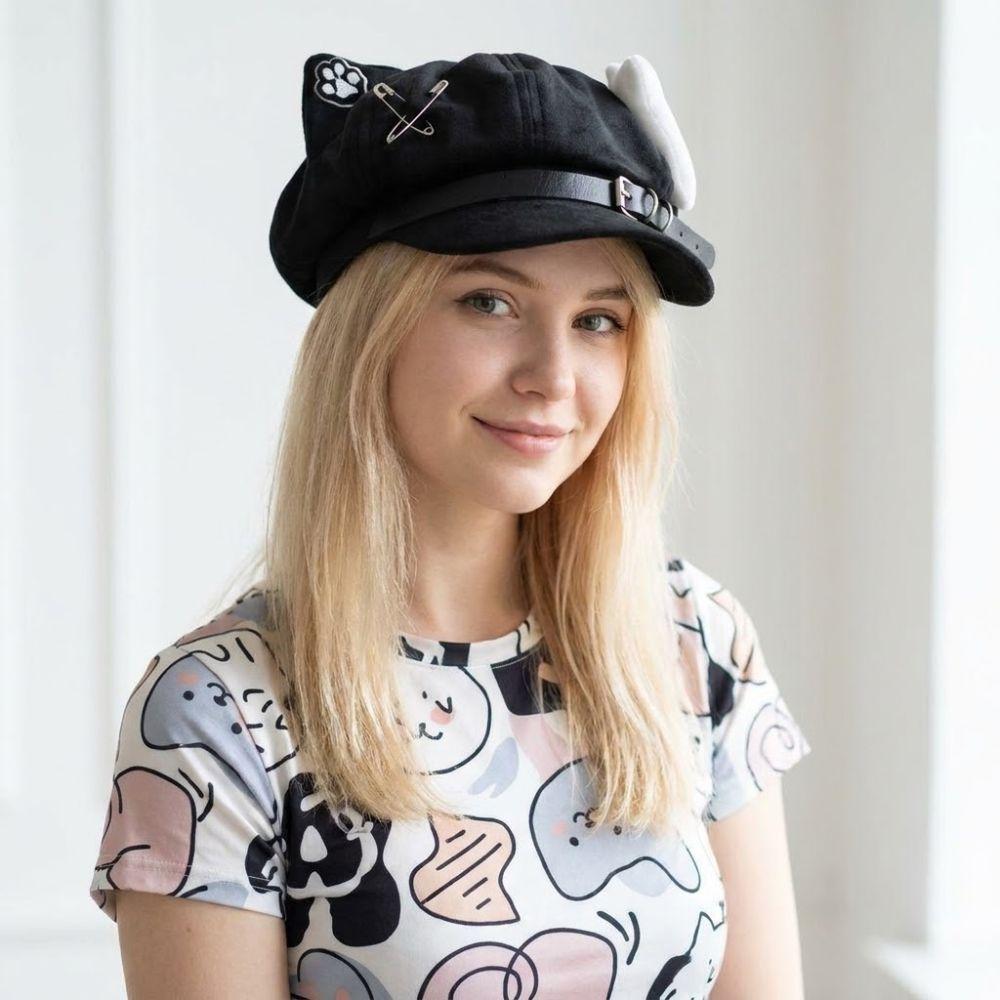 Cute Cat Ears Women's Beret Anime Cat Paw Pattern Newsboy Cap Sweet Japanese Style Baseball Cap Everyday Outfits