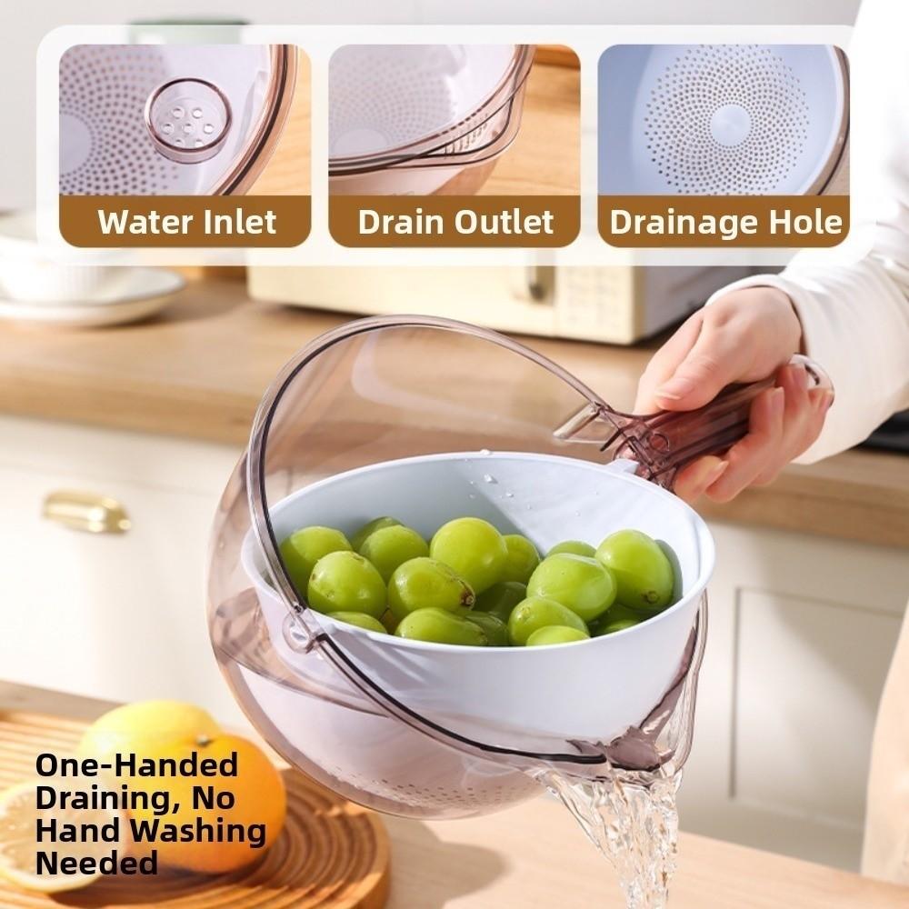 Long Handle Vegetable Drain Basket Double Layer Large Capacity Food Storage Container Rotating Quickly Drain