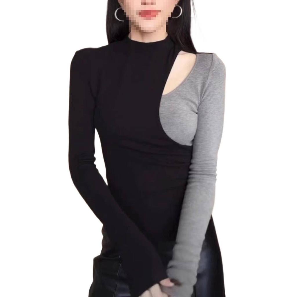 Цветная блочная лоскутная футболка с длинным рукавом Spicy Girl - Женская утягивающая базовая футболка для осени/зимы