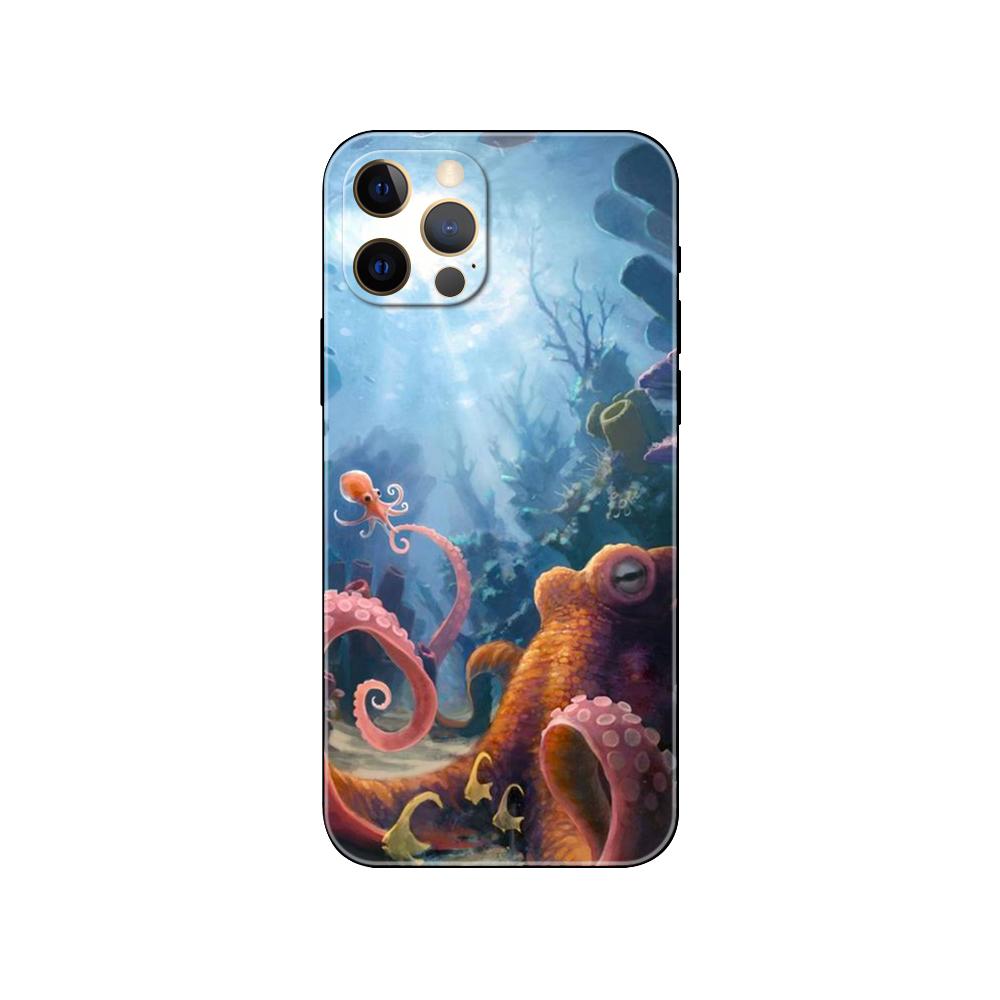 Милый чехол для телефона с изображением осьминога для iPhone 5 5S 2020se 6 6s 7 8 plus x 10 XR XS 11 12 13 mini pro MAX, черная задняя крышка из ТПУ