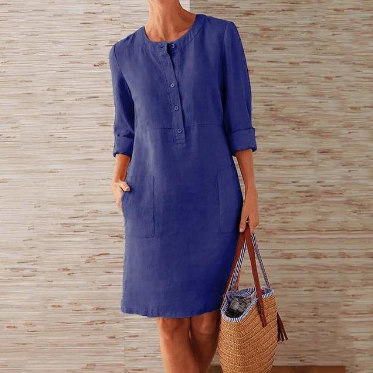 Plus Size Women Long Sleeve Ruched Dress with Pockets Cotton Linen Blend Casual Party Knee Length O Neck Solid Color Dress