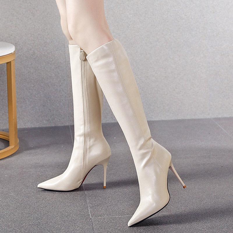 9.5Cm beige boots women's 2025 new pointed high-heeled small boots 150 but knee tall and thin