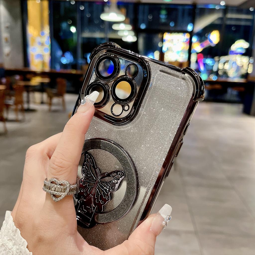 Подходит для чехла для мобильного телефона iPhone16 Магнитный чехол с блестками и подставкой-бабочкой 14 Apple 15 Четырехугольная подушка безопасности Противоударный чехол